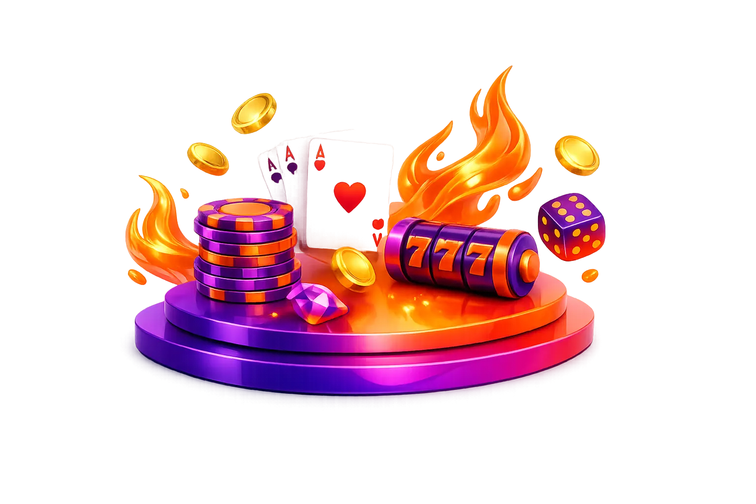 Glossy isometric 3D render of floating gaming elements, poker chips, cards, gold coins, and flames on white background.